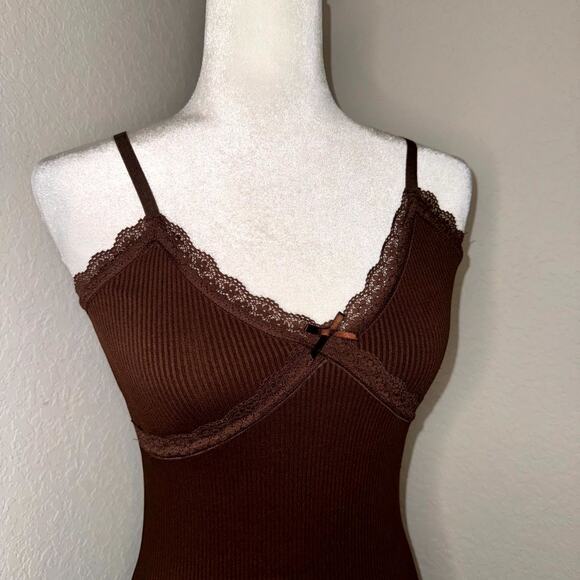 H&M Bodycon Dress Women's Small Brown Ribbed Lace Trim Spaghetti Straps Coquette - Picture 1 of 9